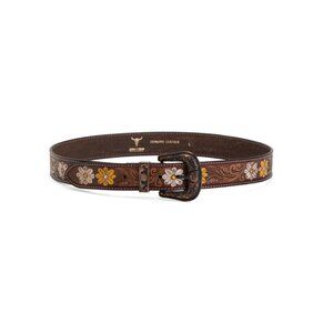 AMERICAN BISON Yellow/White Flower Tooled Belt